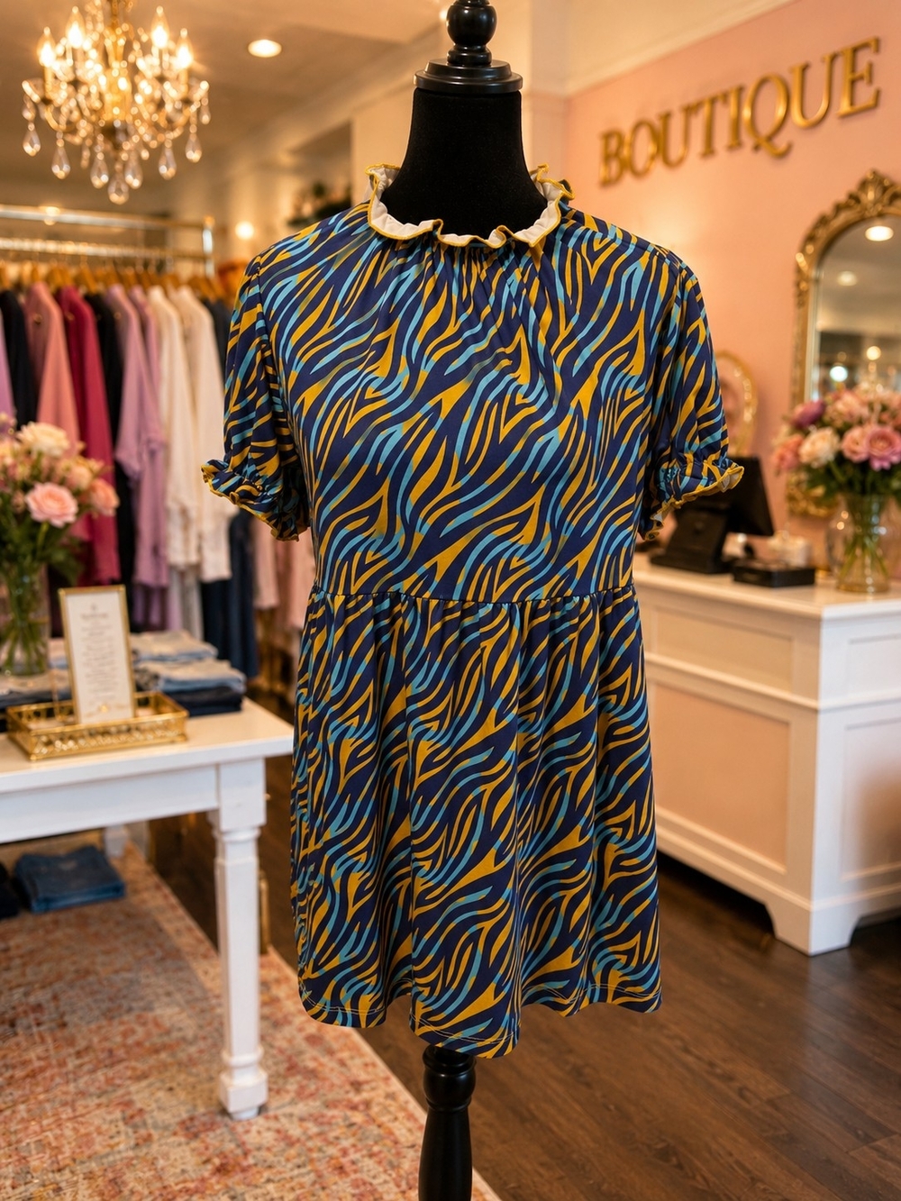 Blue, Mustard and Purple Wave Print Ruffle Top